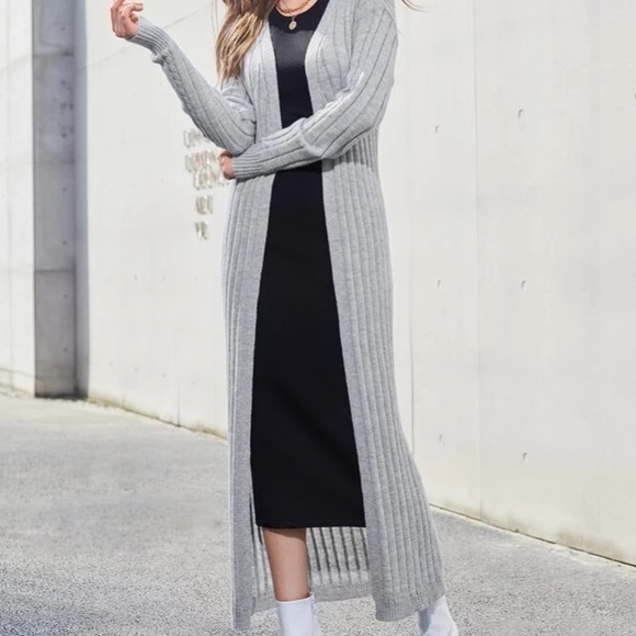 Sweaters - Light Grey Rib Knit Long Cardigan in M